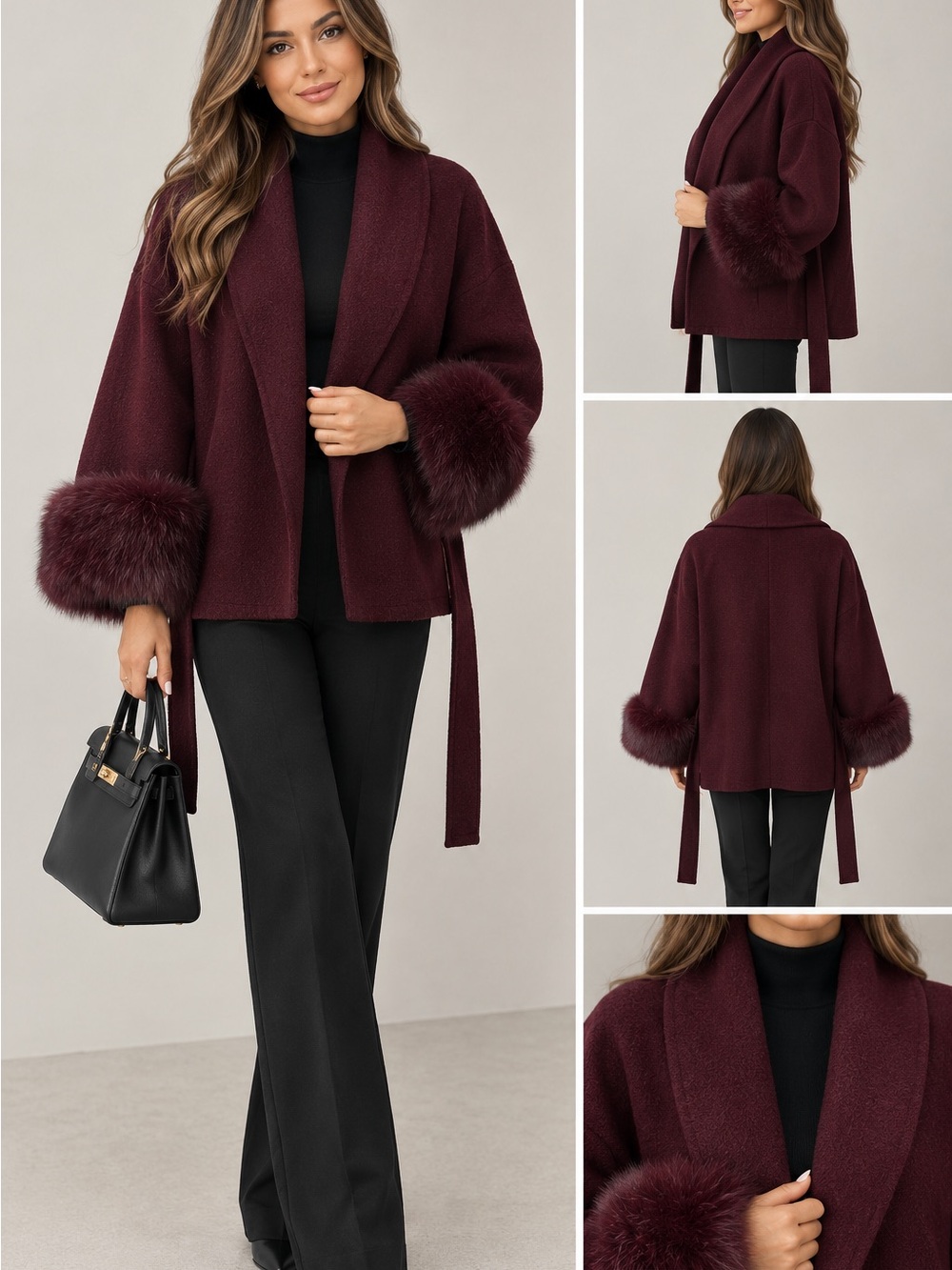 Oversized wool coat with natural fur size M-Xl burgundy